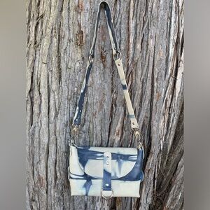 Handmade Indigo dyed leather cross body bag purse artist made one of a kind